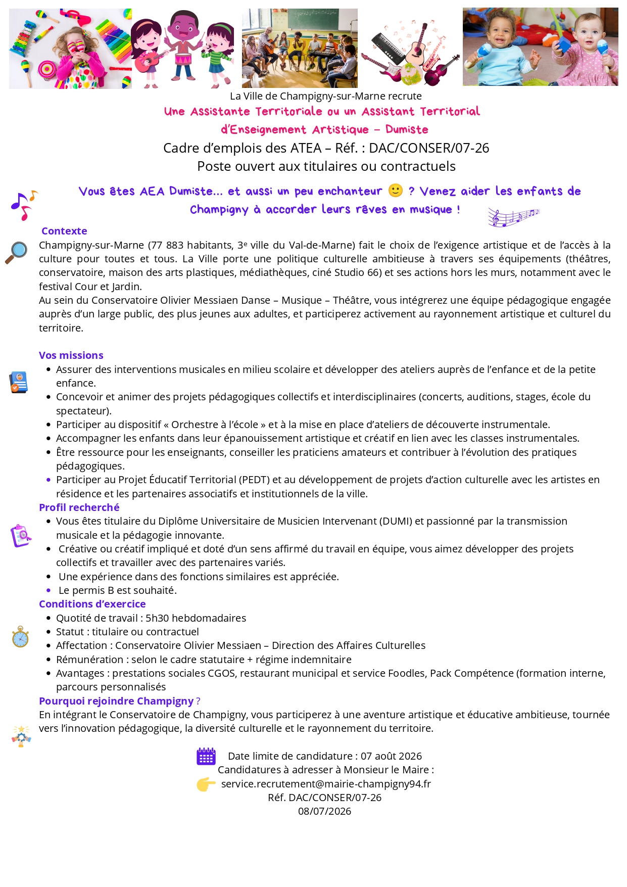Une Assistante Territoriale ou un Assistant Territorial d’Enseignement Artistique – Dumiste