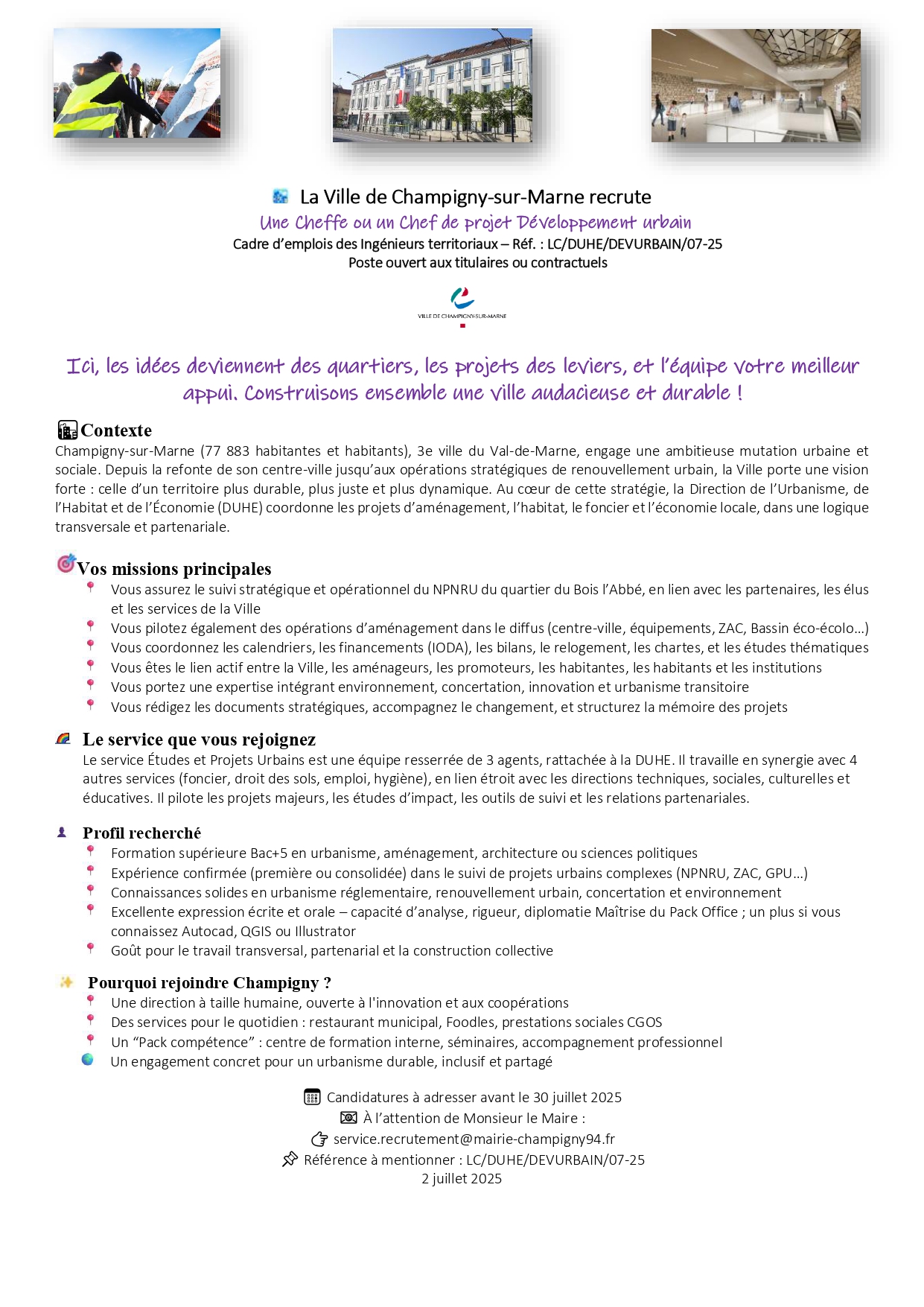 Une Cheffe ou un Chef de projet Développement urbain